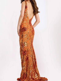 Jovani - Plunge Neck Sequin Floral Fitted Gown
