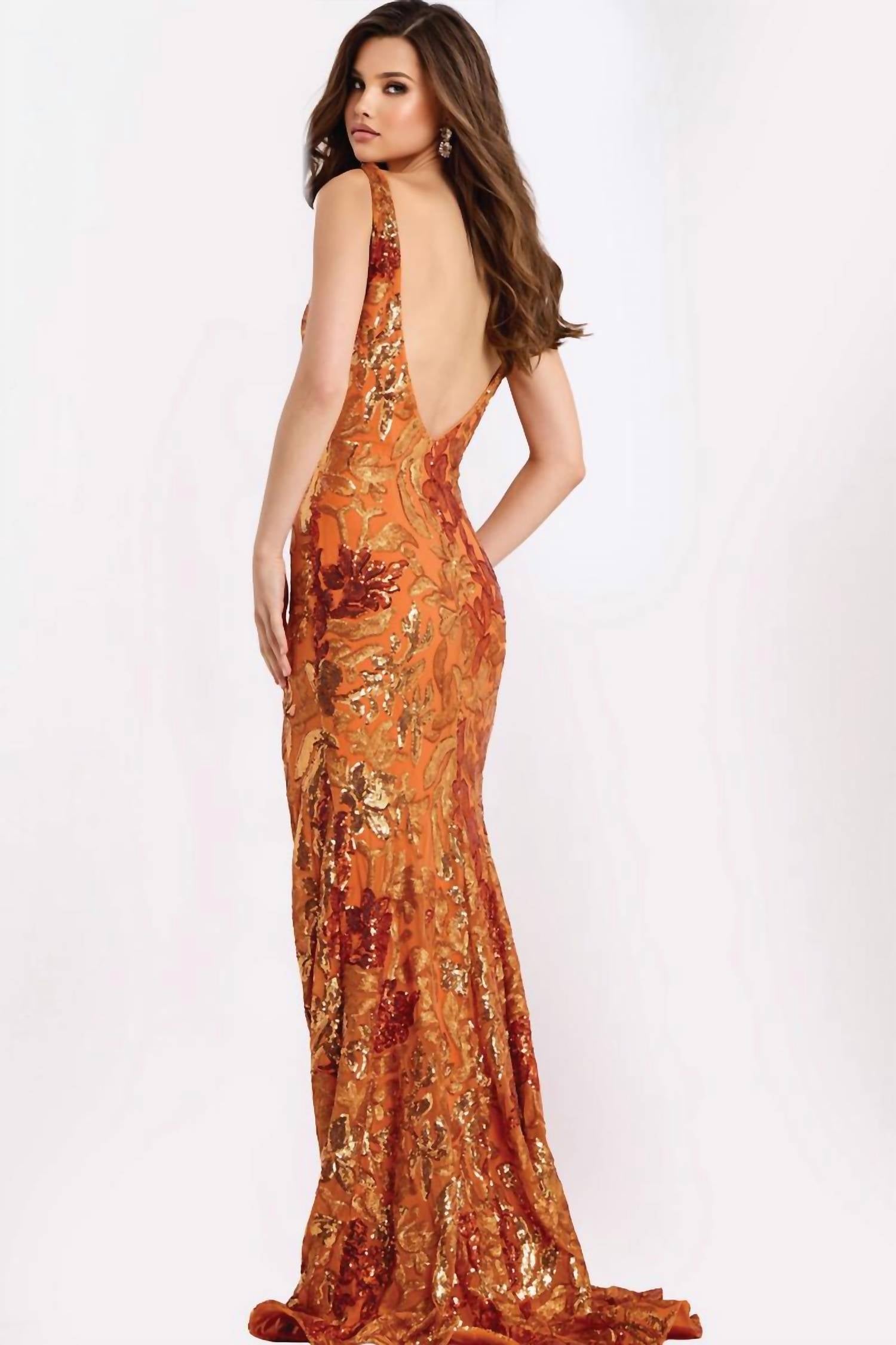 Jovani - Plunge Neck Sequin Floral Fitted Gown