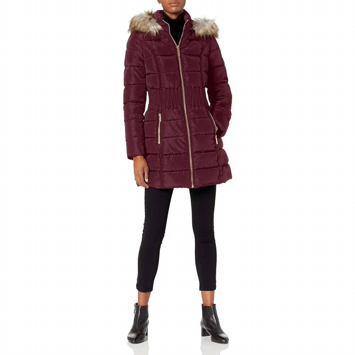 3/4 Puffer Zig Zag Cinched Waist Faux Fur Trim Hood Jacket
