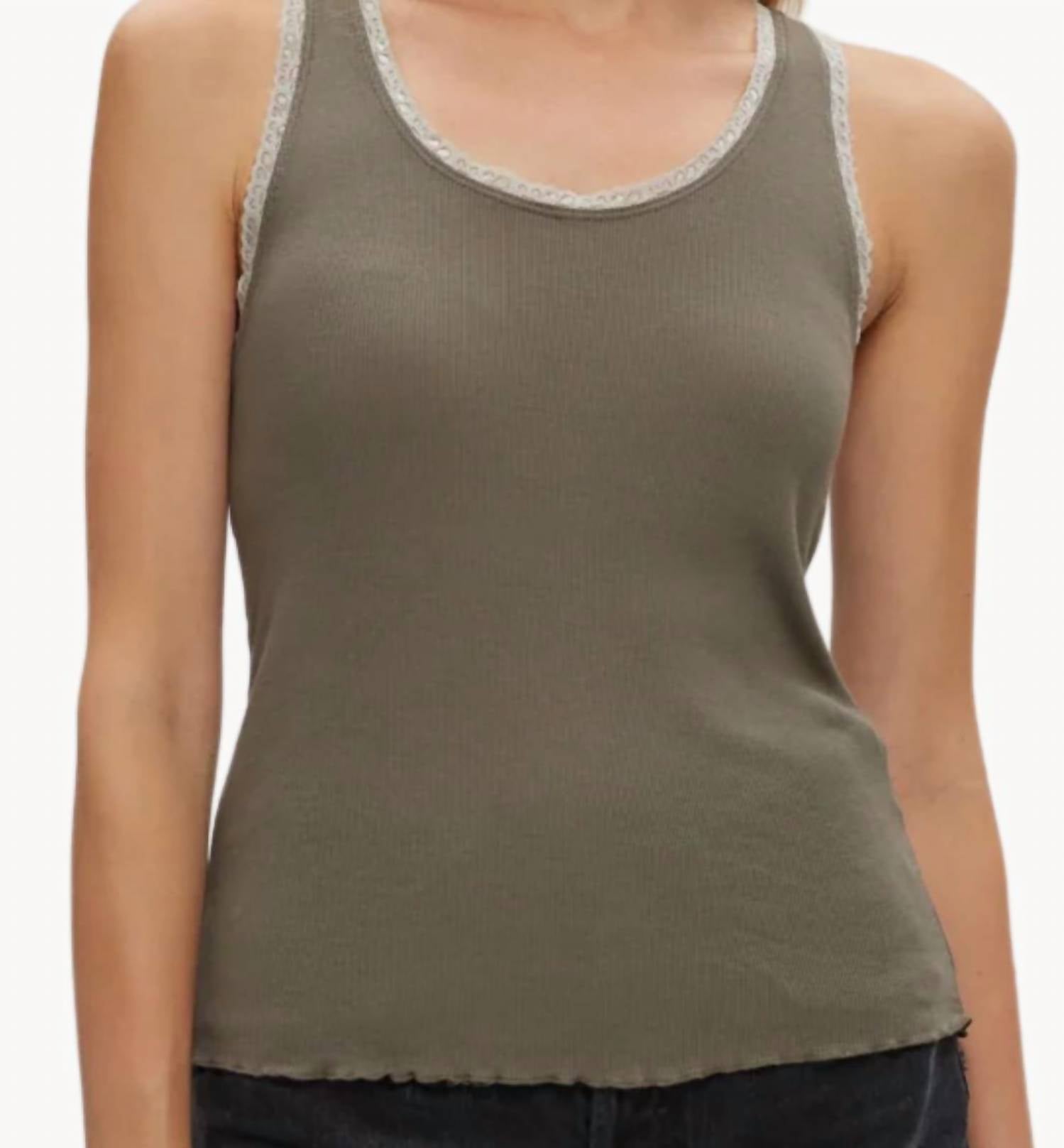 Michael Stars Miley Ribbed Lace Tank Top in olive - women's tank top - detail view
