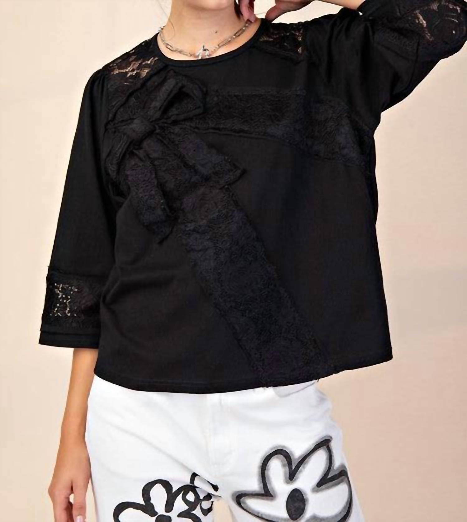 Easel - Let's Go Lace Bow Patch Cotton Jersey Top