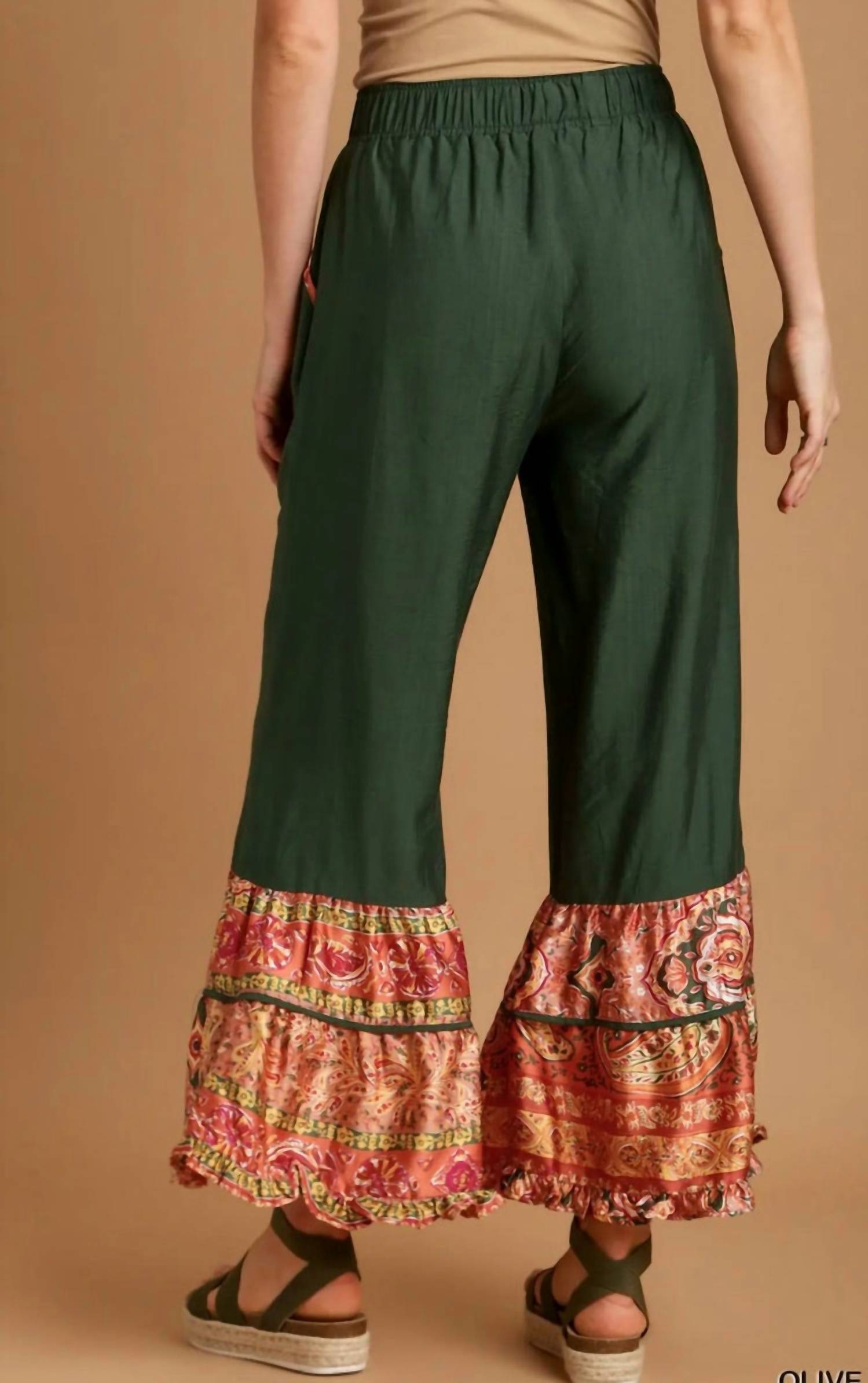 Umgee - Boarder Print Ruffle Hem Wide Leg Pants With Elastic Band