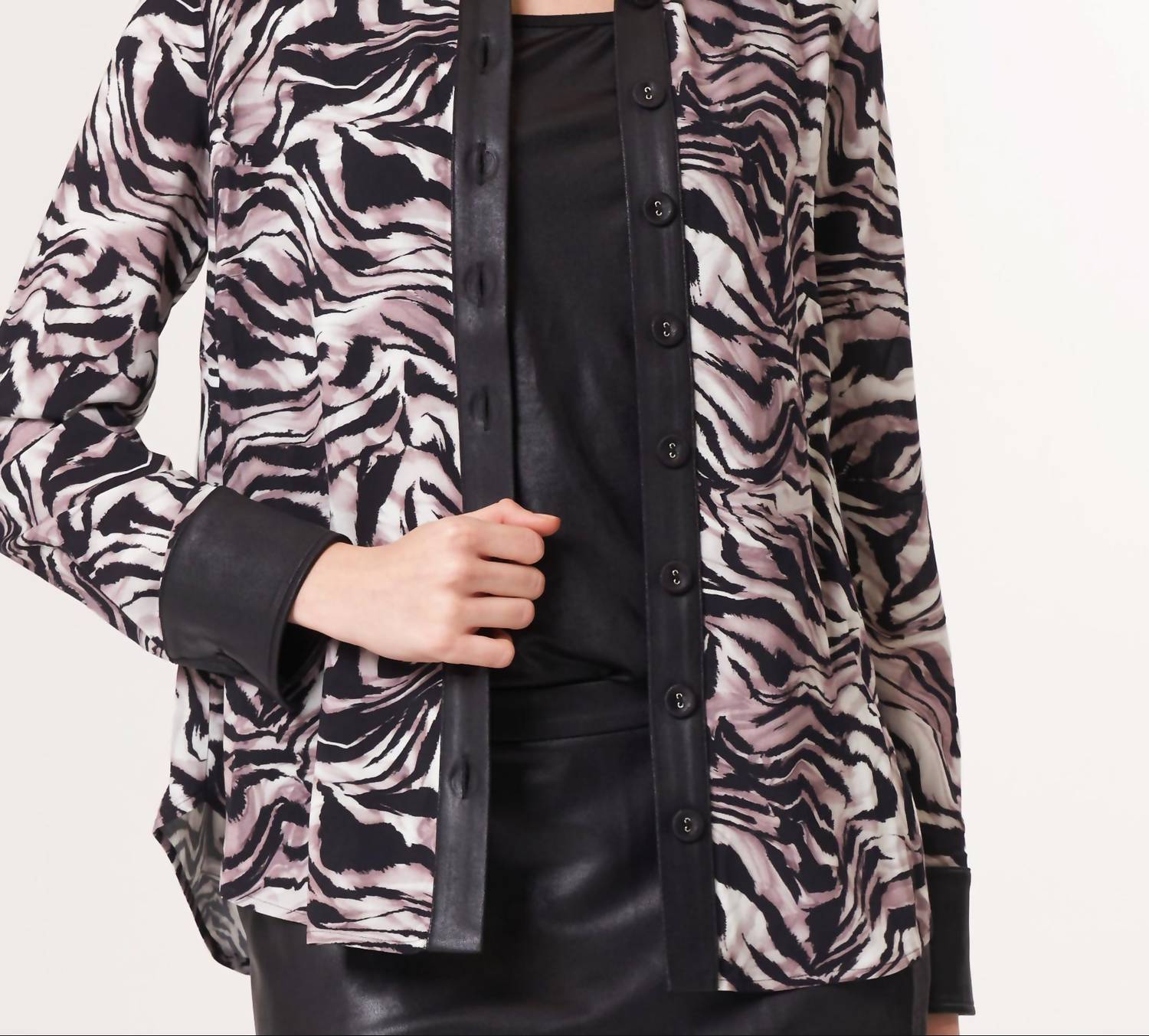 Angel Apparel Animal Print Shirt With Vegan Leather Trim in zebra black - women's shirt