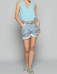 Pol - Elastic Waistband Patchworks Shorts