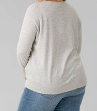 Minnie Rose - Cotton Cashmere Distressed Long Lseeve V-neck Sweater - Plus