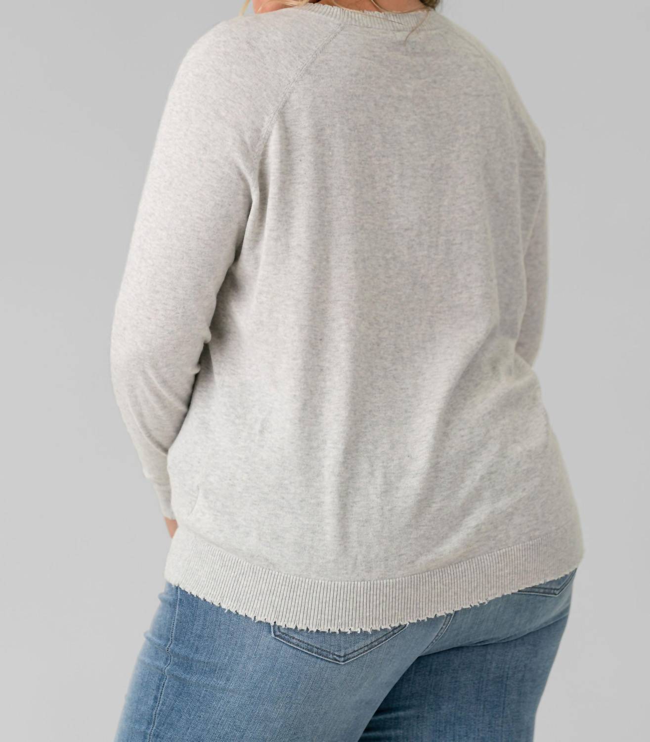 Minnie Rose - Cotton Cashmere Distressed Long Lseeve V-neck Sweater - Plus