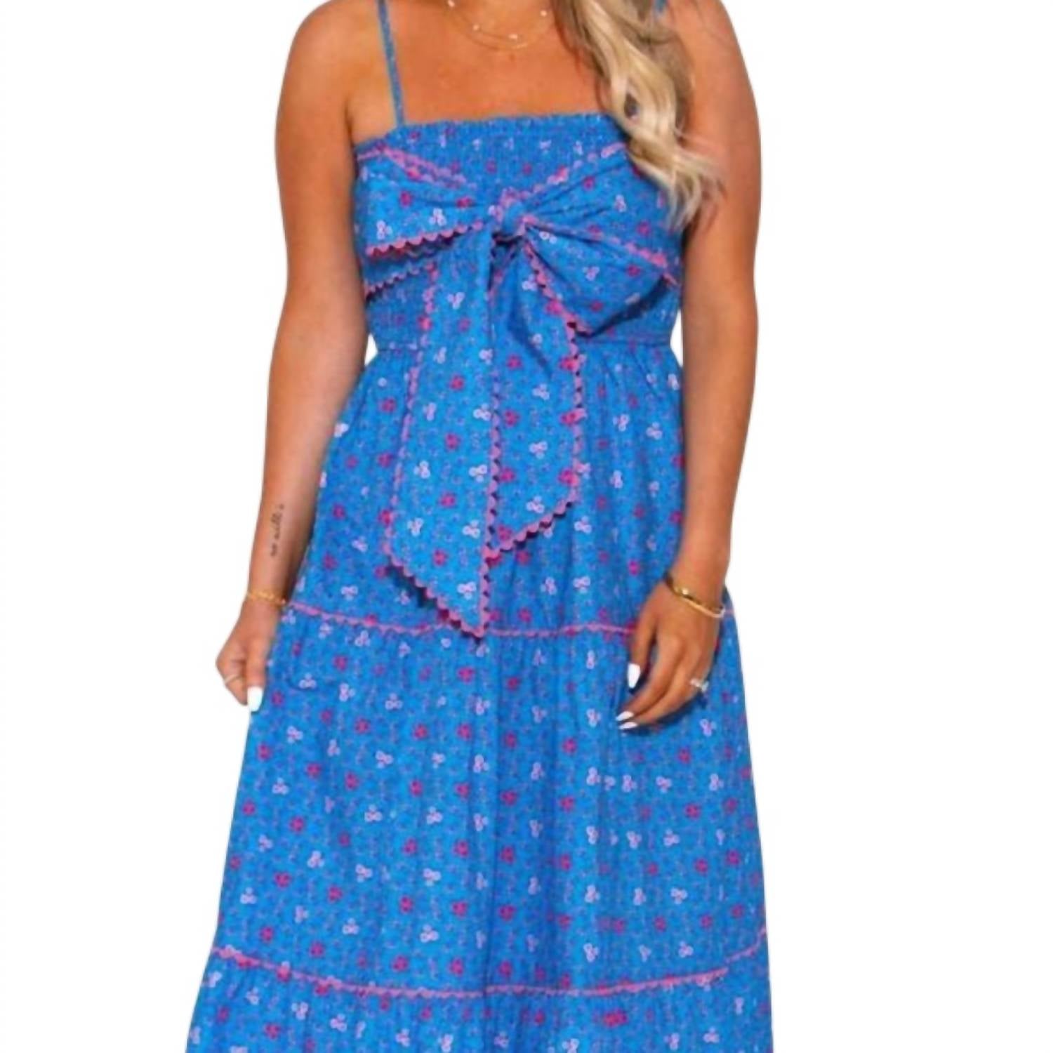 Peach Love Floral Print Front Bow Dress in blue - women's dress - detail view