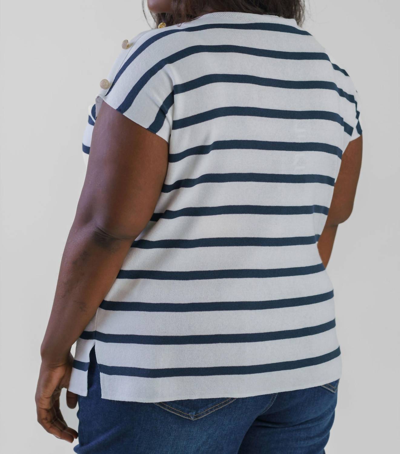 Mat Fashion - Short Sleeve Striped Button Shoulder Top - Plus Size
