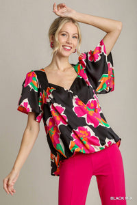 Umgee - Floral Print Surplice Short Sleeve Wrap Top