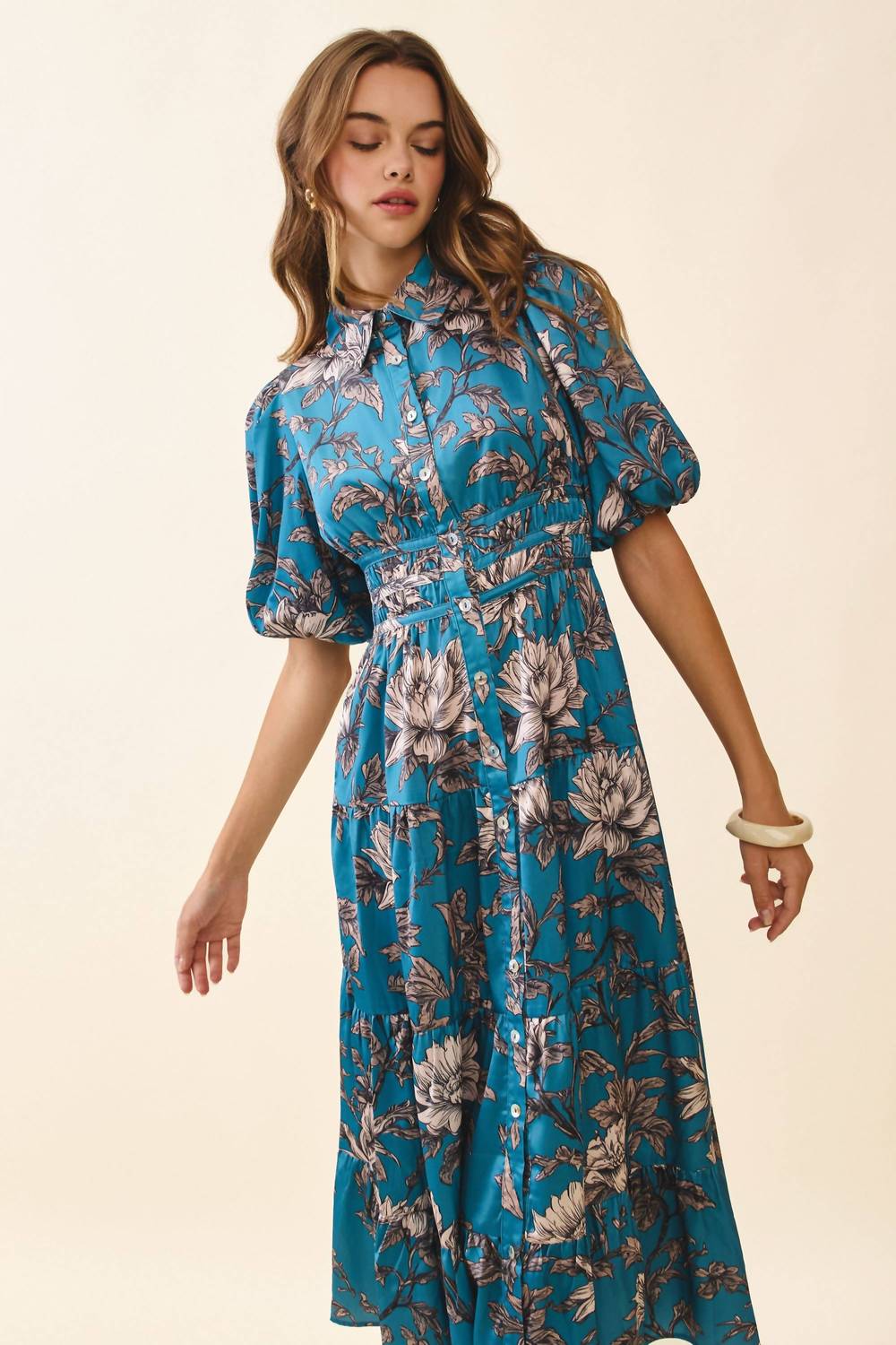 Tcec - Floral Print Collared Neck Button Front Midi Dress