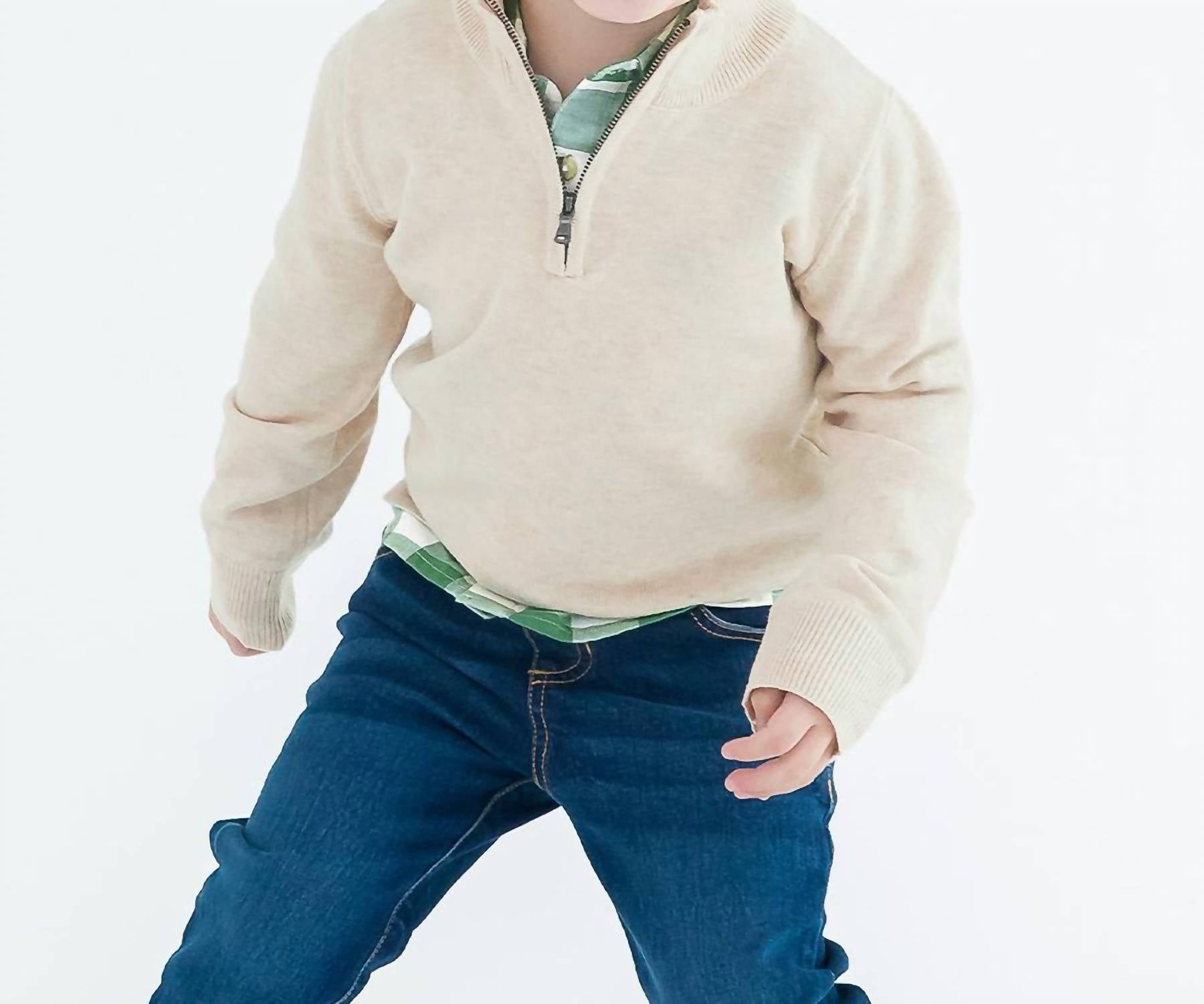 RuffleButts Knit Quarter Zip Sweater in heather oatmeal - kids' sweater
