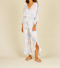 Tie Dye Cold Shoulder Faux Wrap Smocked Top