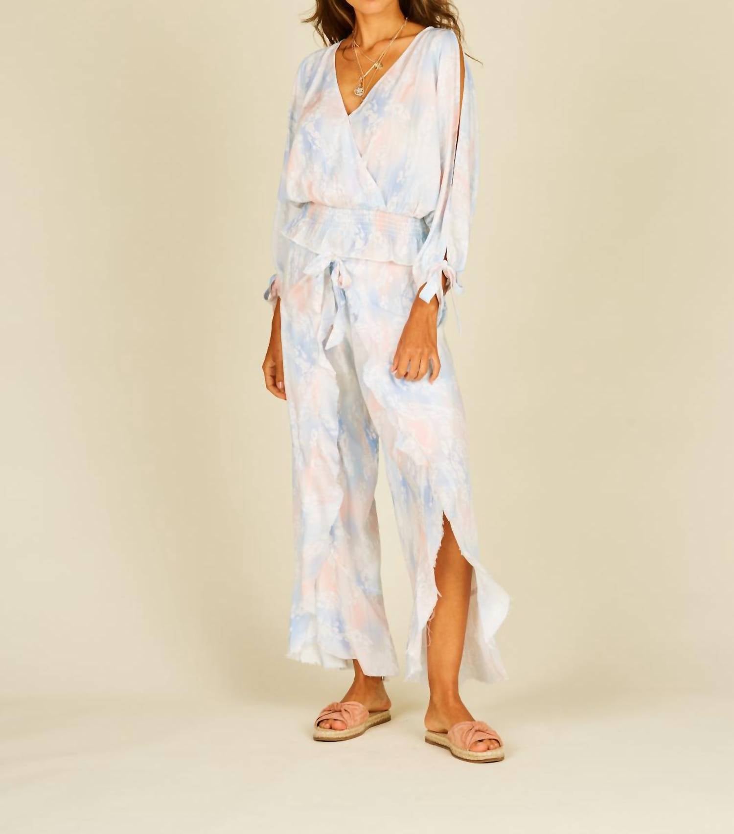 Tie Dye Cold Shoulder Faux Wrap Smocked Top