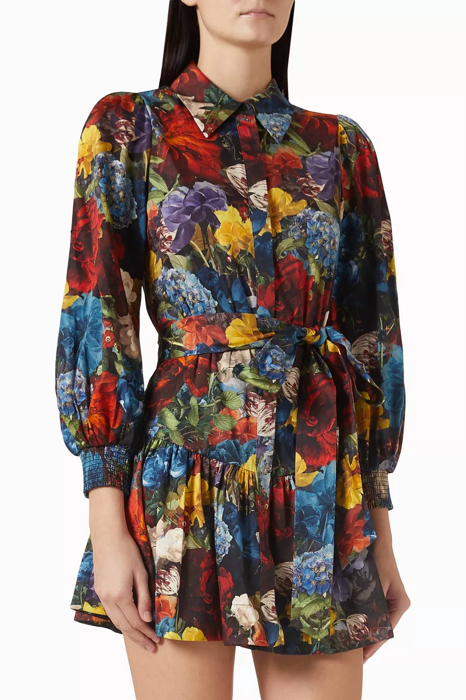 alice + olivia Lily Mini Shirt Dress in flourish - women's dress