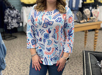 Jess & Jane Vibrant Floral Printed 3/4 Sleeve Top in blue - women's blouse
