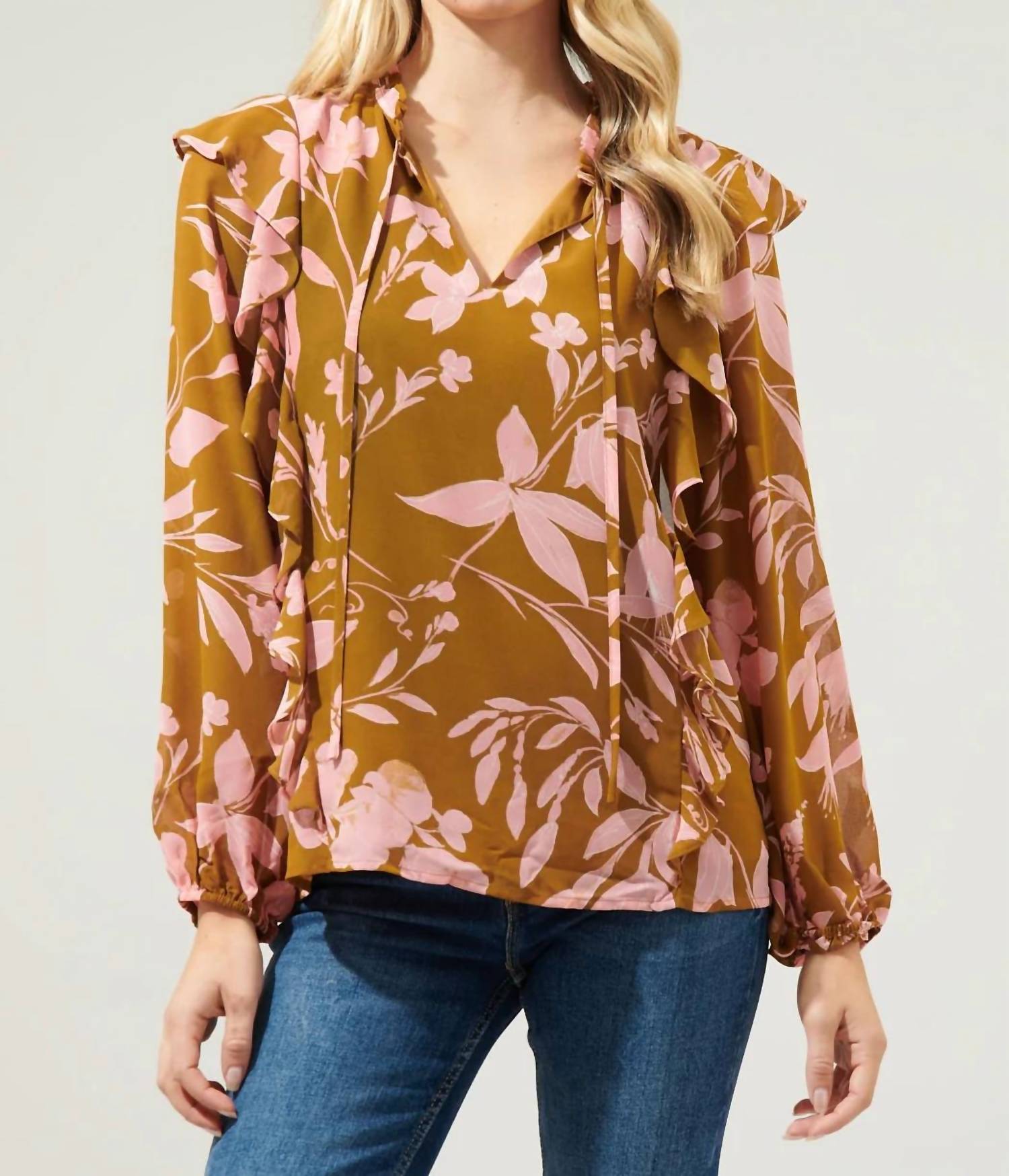 Sugarlips - Floral Chessie Balloon Sleeve Ruffle Blouse