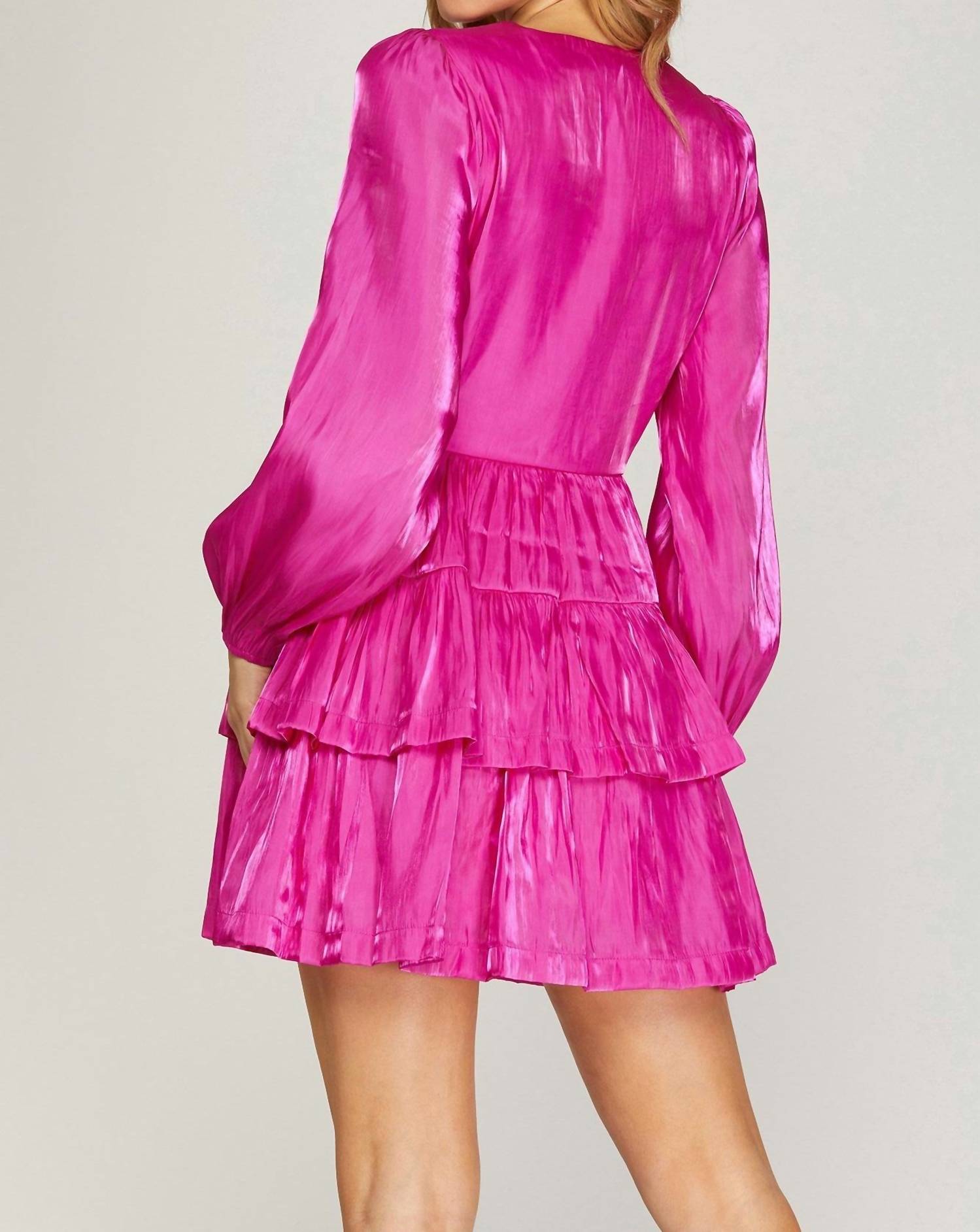 She + Sky - Long Sleeve Silky Woven Surplice Tiered Dress