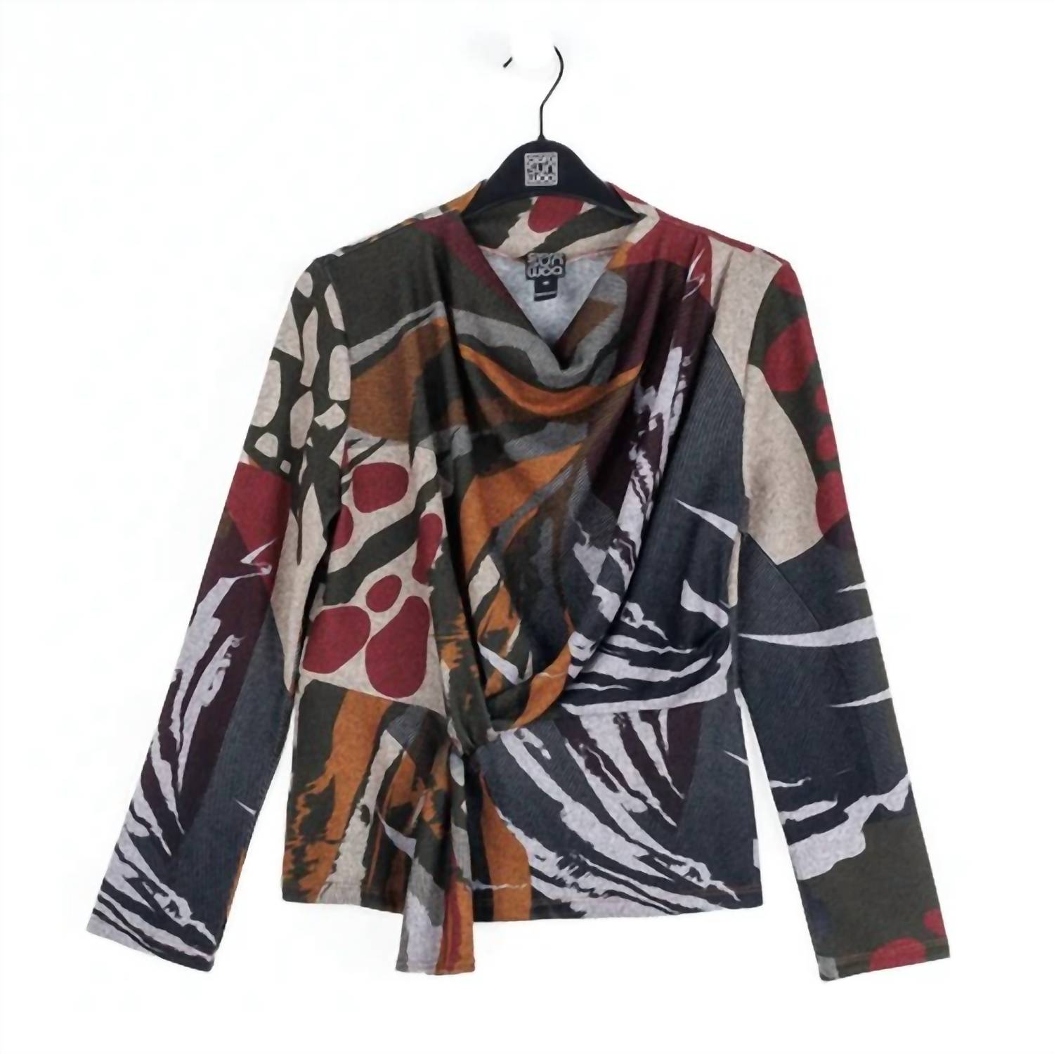 Clara Sun Woo Multi Media Print Drape Neck Sweater in abstract harvest - women's blouse - view 5