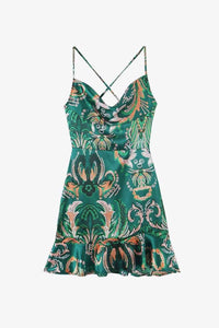 Trendsi - Women's Printed Cowl Neck Ruffle Hem Mini Dress
