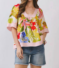 Tc East - Floral Square Neck Contrast Trim Blouse