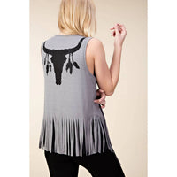 Vocal Apparel - Open Front Draped Vest With Fringe Hem And Bullhead Print