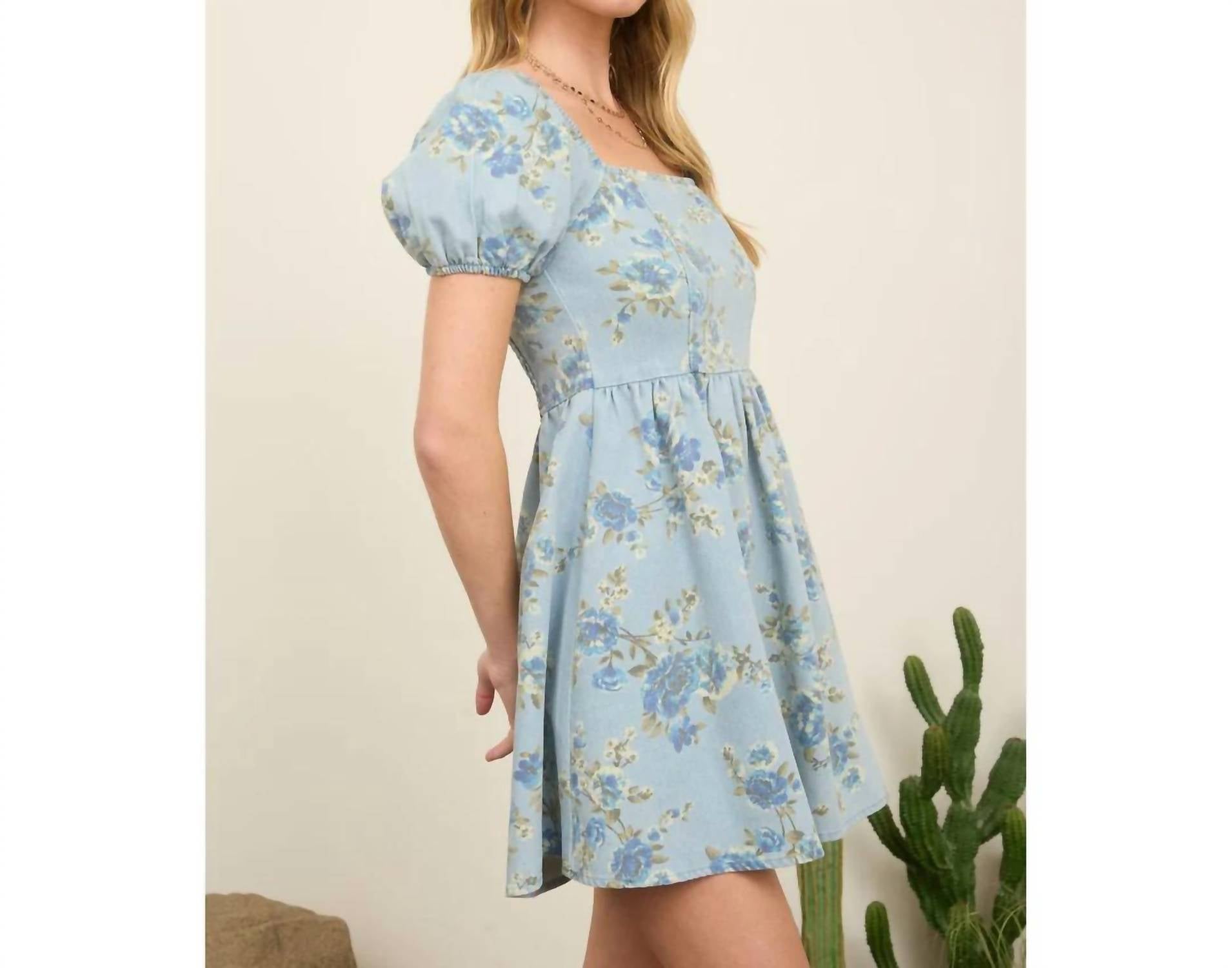 Blu Pepper - Floral Puff Sleeve Denim Dress