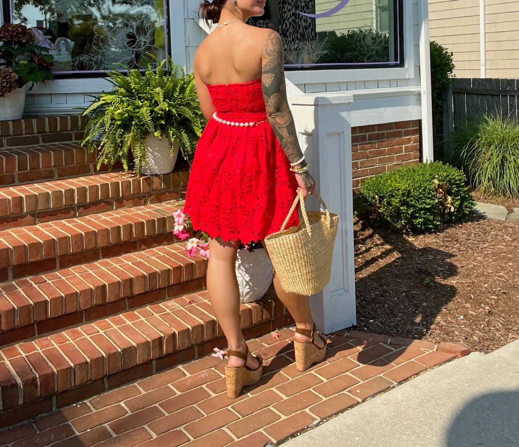 FLYING TOMATO Strapless Lace Mini Dress in red - women's dress - detail view
