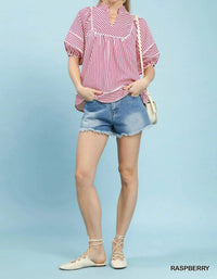 Umgee - V-Neck Mandarin Collared Stripe Top