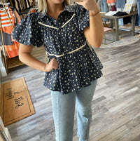 Entro - Floral Tie Detail Bubble Sleeve Top