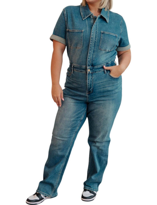 Judy Blue - Sylvia Short Sleeve Denim Jumpsuit - Plus