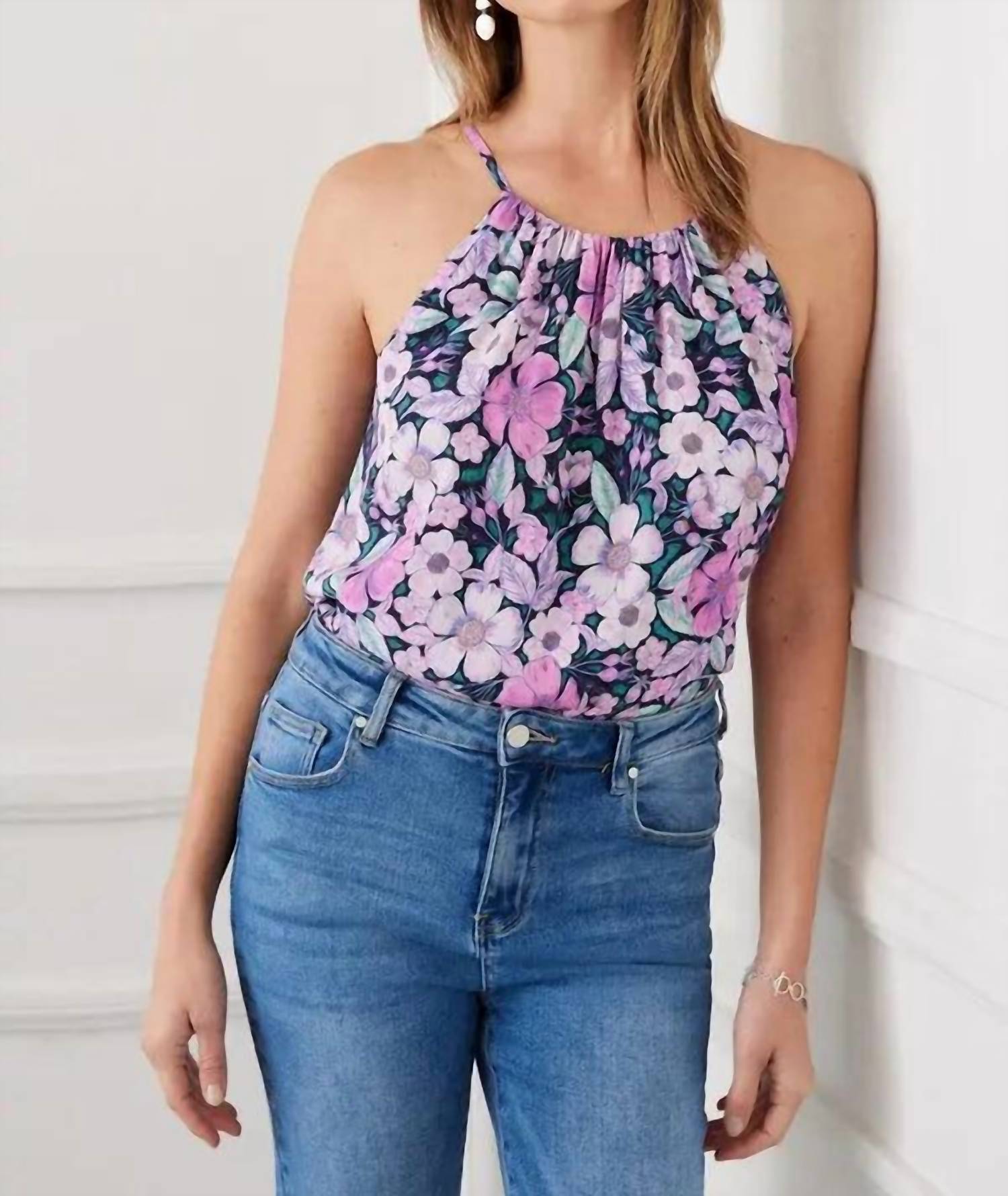 Karen Kane Shay Shirred Floral Tank in berry purple navy multicolor - women's blouse - view 4