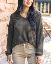Grace and Lace Boyfriend Slouchy Knit Sweater in olive - women's sweater - detail view