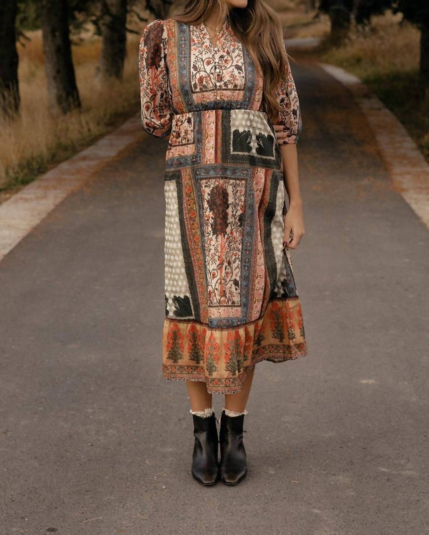 Polagram - Patchwork Long Sleeve Maxi Dress - Plus