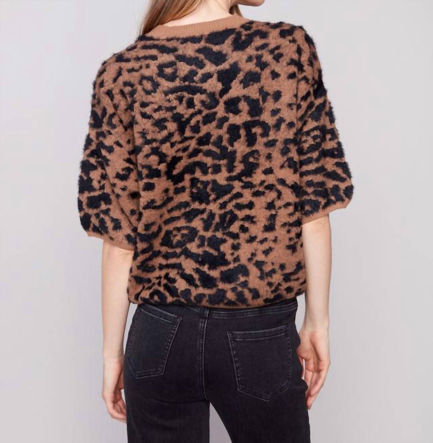 CHARLIE B Hairy Jacquard Knit Elbow Sleeve Balloon Sweater in leopard - women's sweater - detail view