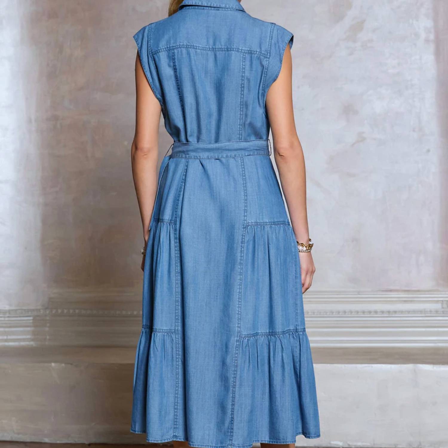 Current Air - Tiered Buckle Belt Button Down Midi Dress
