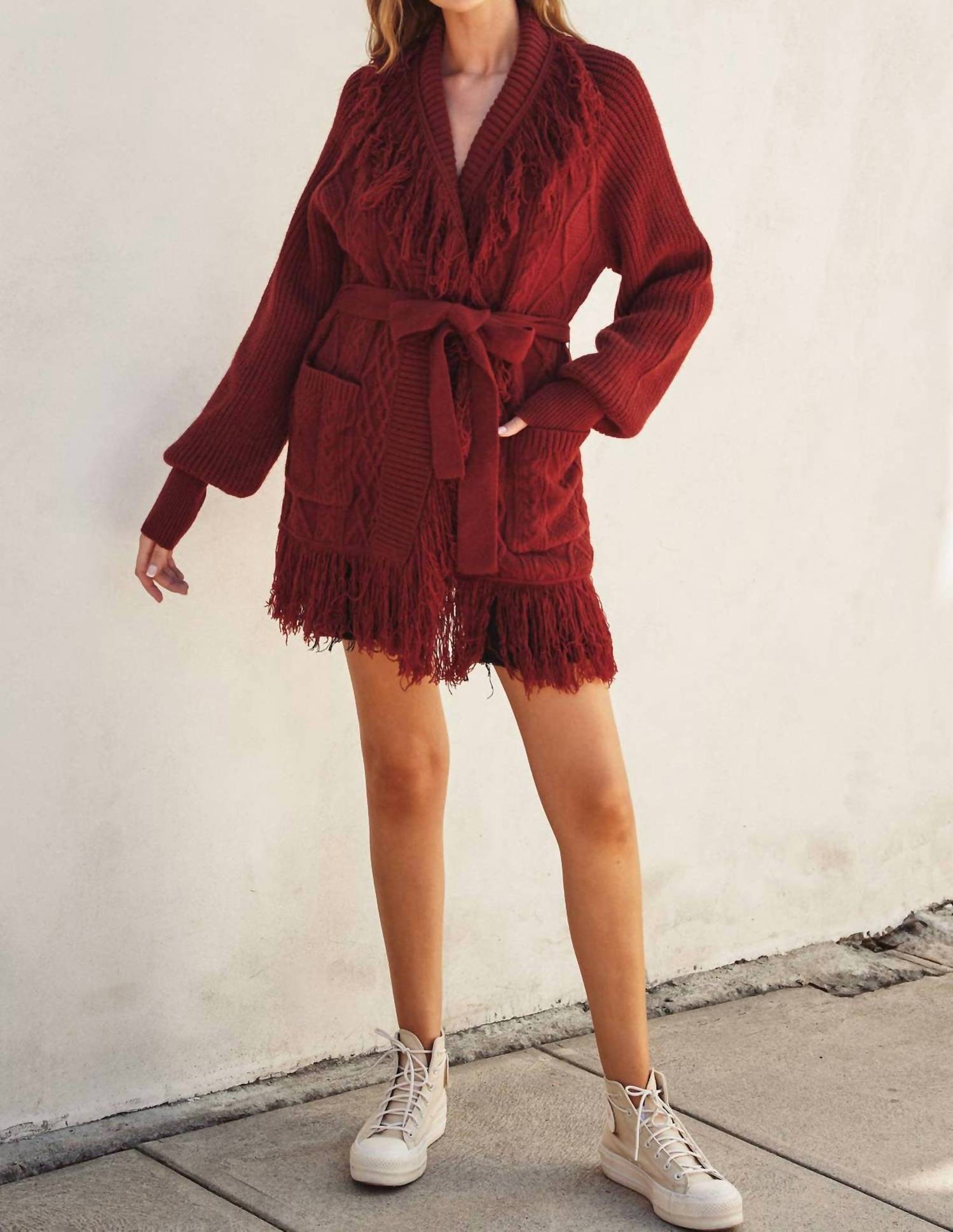 Dress Forum - Cable Detail Fringe Long Cardigan