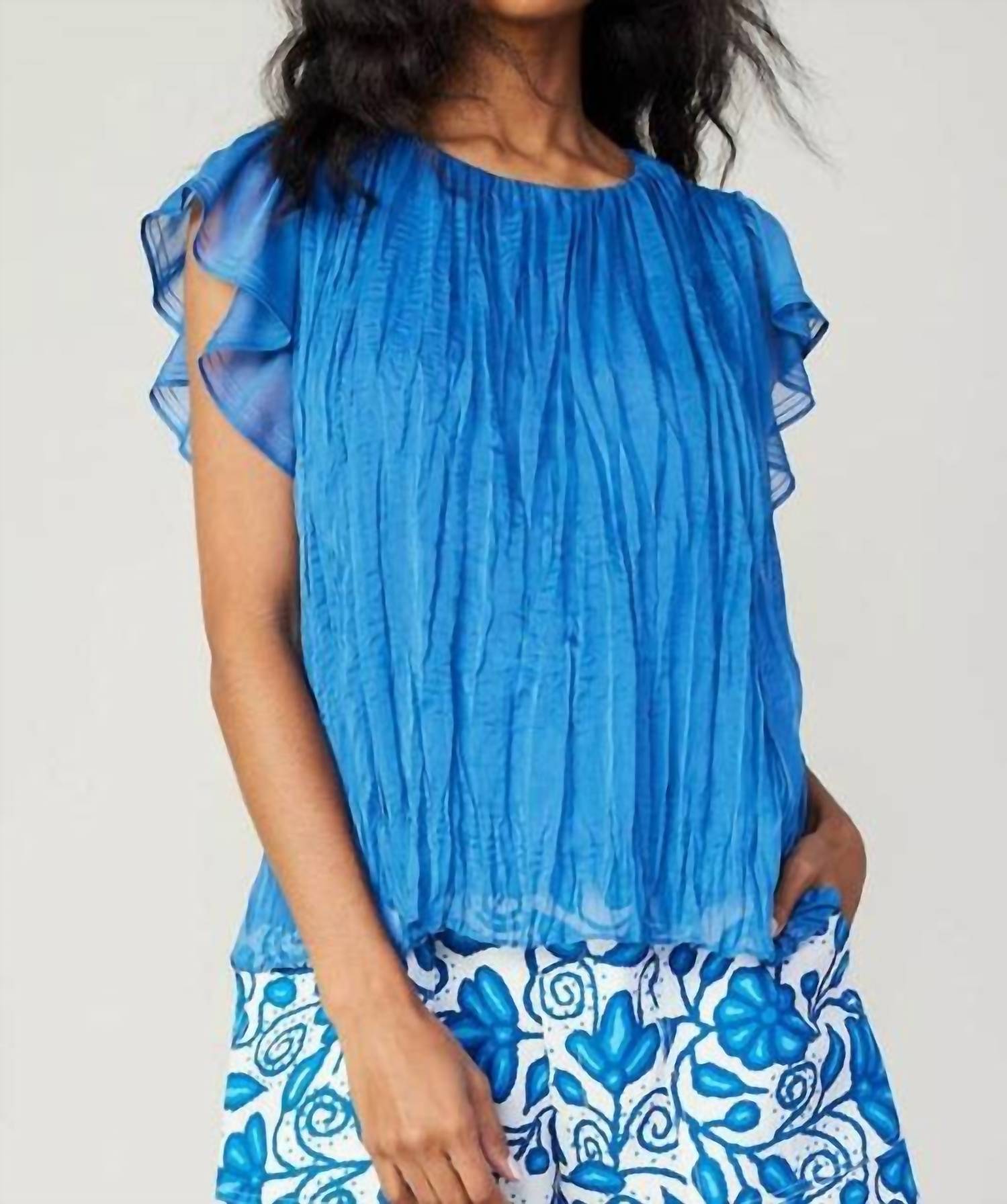 current air Flutter Short Ruffle Sleeve Crinkle Top in azure blue - women's blouse