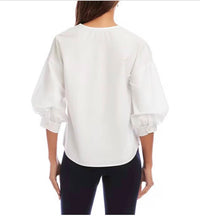 Karen Kane Pearl Button Blouse in white - women's blouse - detail view