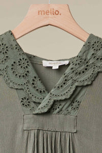Mello Women's Eyelet Lace Layered Oversized Hooded Top in dusty olive - women's shirt - alternate view
