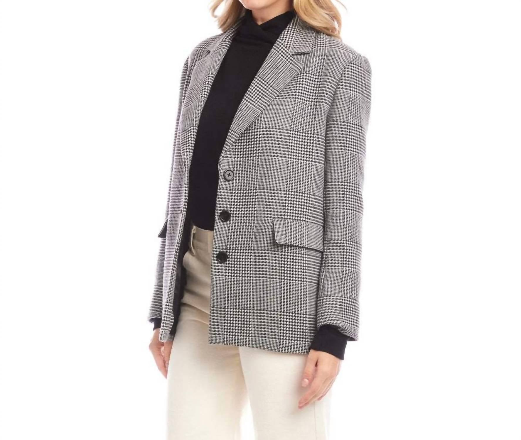 Karen Kane Houndstooth Blazer in black with off white - women's jacket - detail view