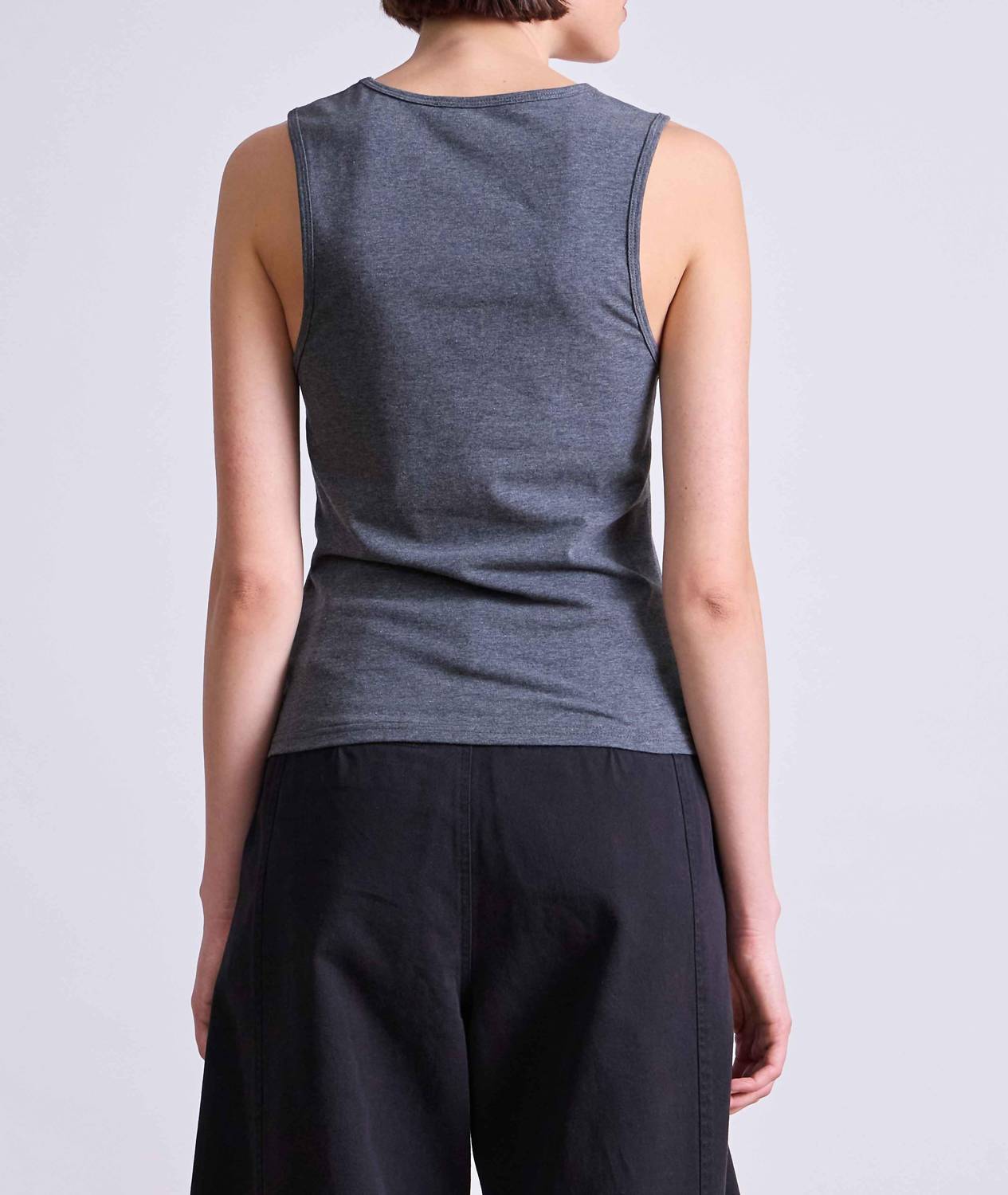 APIECE APART Uri Low Cut Tank Top in charcoal - women's tank top - detail view