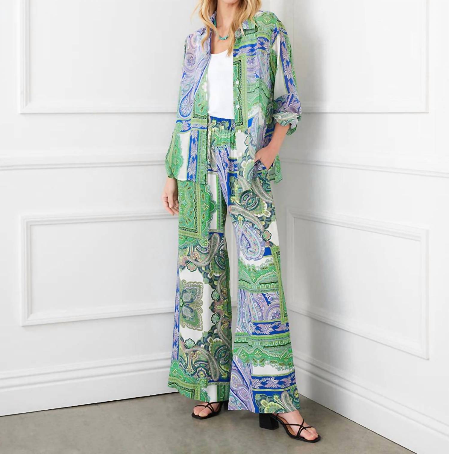 Karen Kane Page Paisley Wide Leg Pants in green multi - women's pants - alternate view