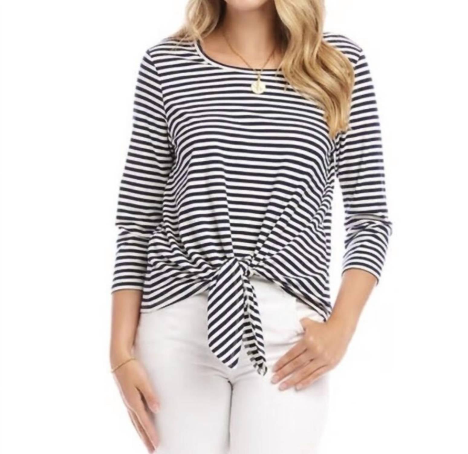 Karen Kane 3/4 SLEEVE TIE FRONT TOP in navy - women's blouse