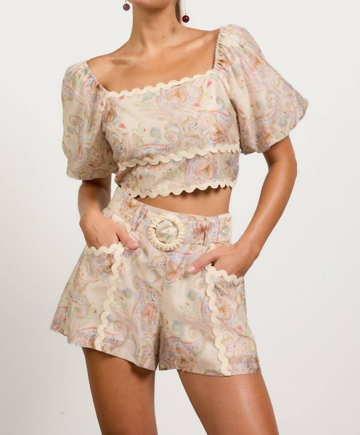 Skies Are Blue - Paisley Puff Sleeve Crop Top