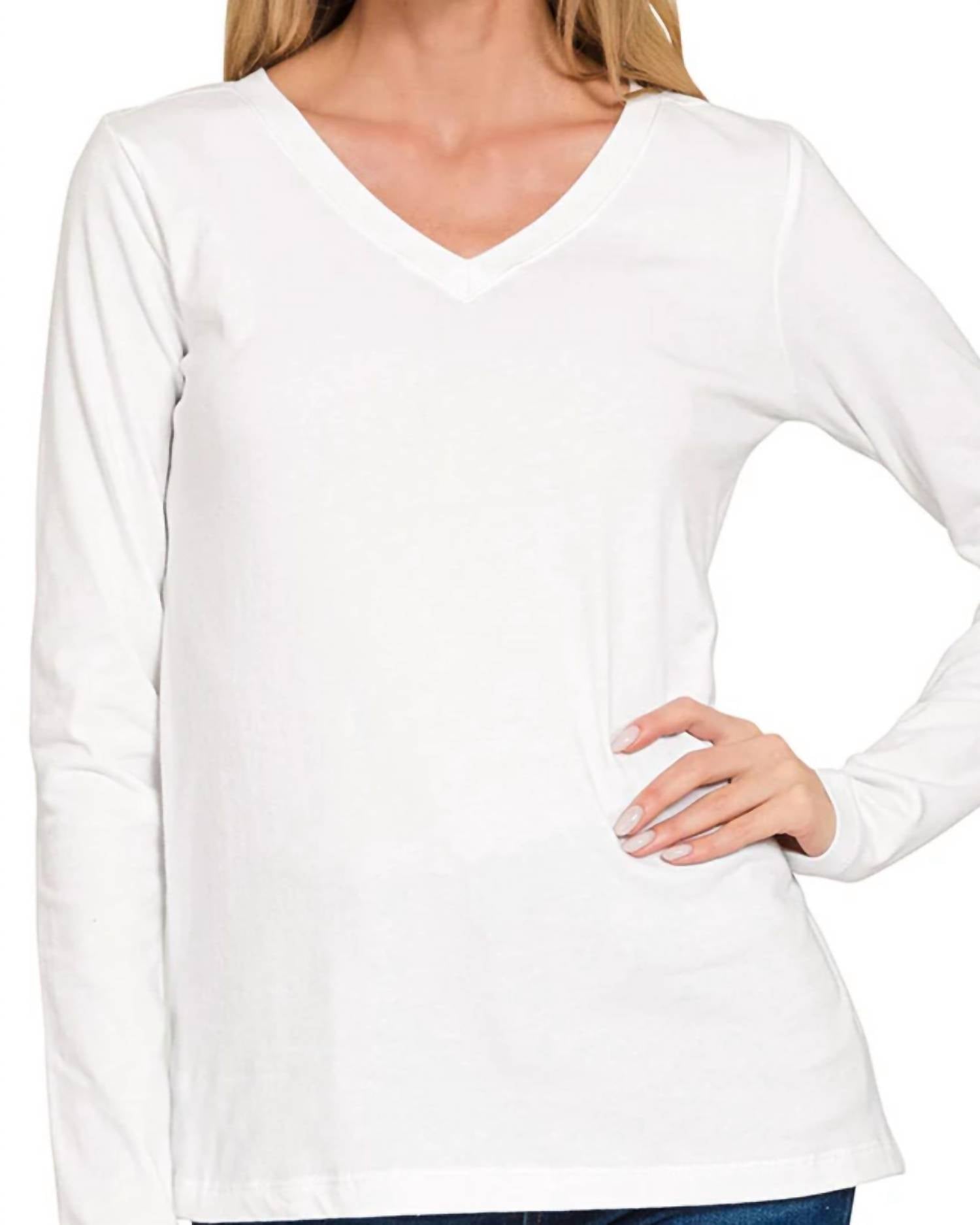 Zenana - Cotton v-neck long sleeve t-shirt