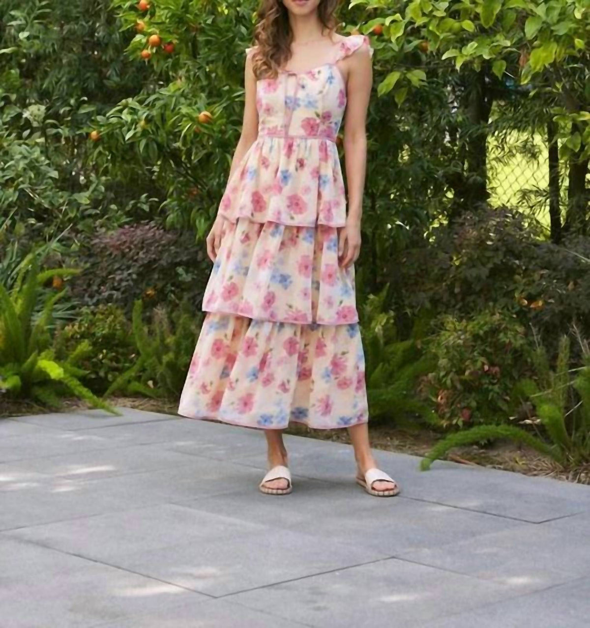In February - Floral Midi Dress With Ruffled Straps