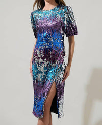 SUGARLIPS Night Sky Sequin Midi Dress in blue - women's dress