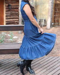 Blue B - Women's Dakota Belted Button Up Tiered Denim Midi Dress
