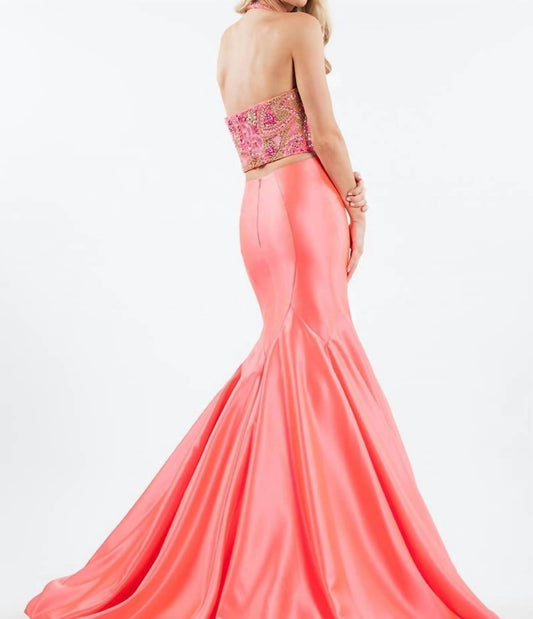Rachel Allan - Two-piece Matte Satin Beaded Halter Prom Gown