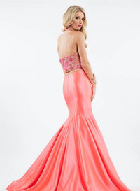 Rachel Allan - Two-piece Matte Satin Beaded Halter Prom Gown